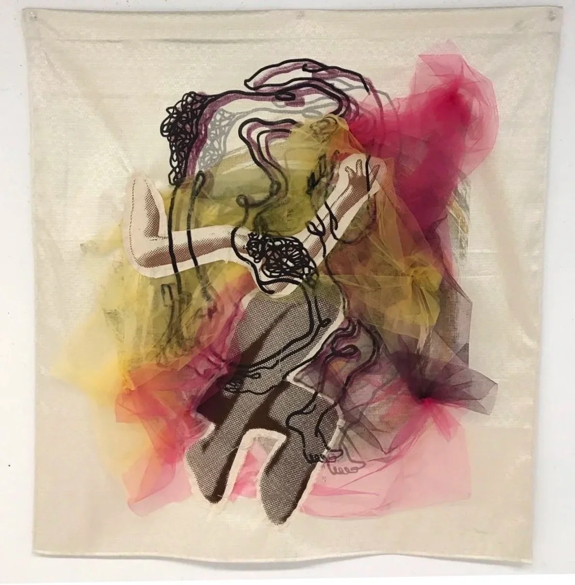 Screen printed ink on tulle and mixed fibers, (2017)