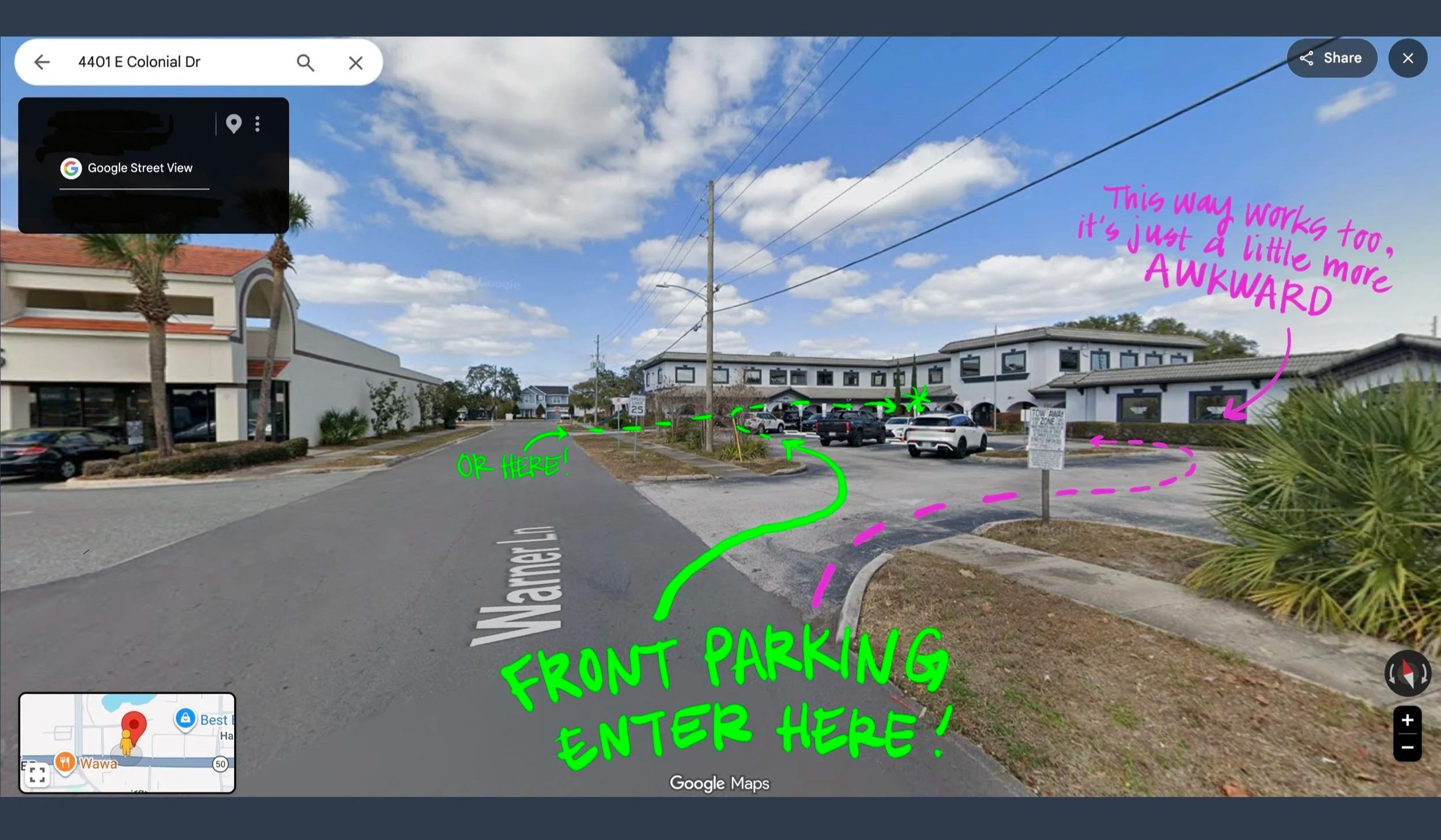 Parking in the FRONT LOT (Warner Ln.) 
This lot can be a little tight and awkward at first!