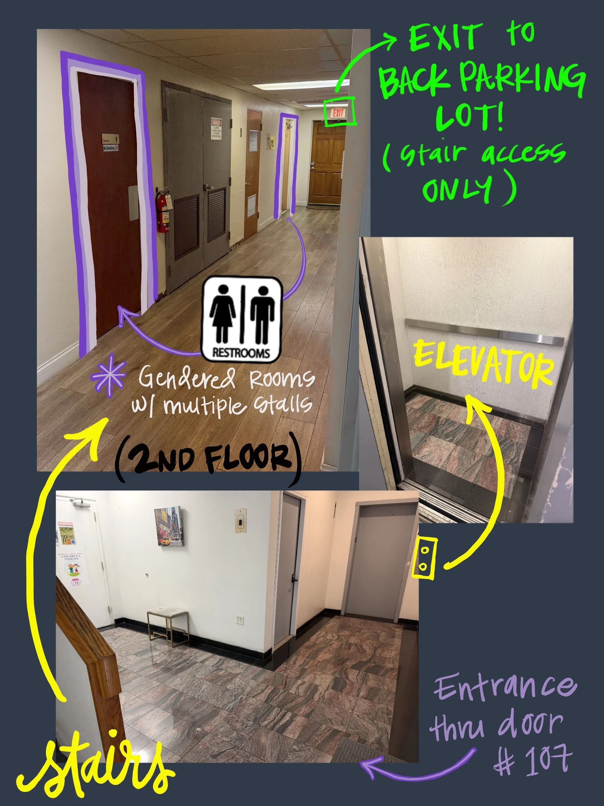The MAIN bathrooms on the 2nd Floor are gendered with many stalls. The Upper Floor is accessible via stairs or elevator. These bathrooms are also accessible from the BACK PARKING LOT entrance (stair access only).