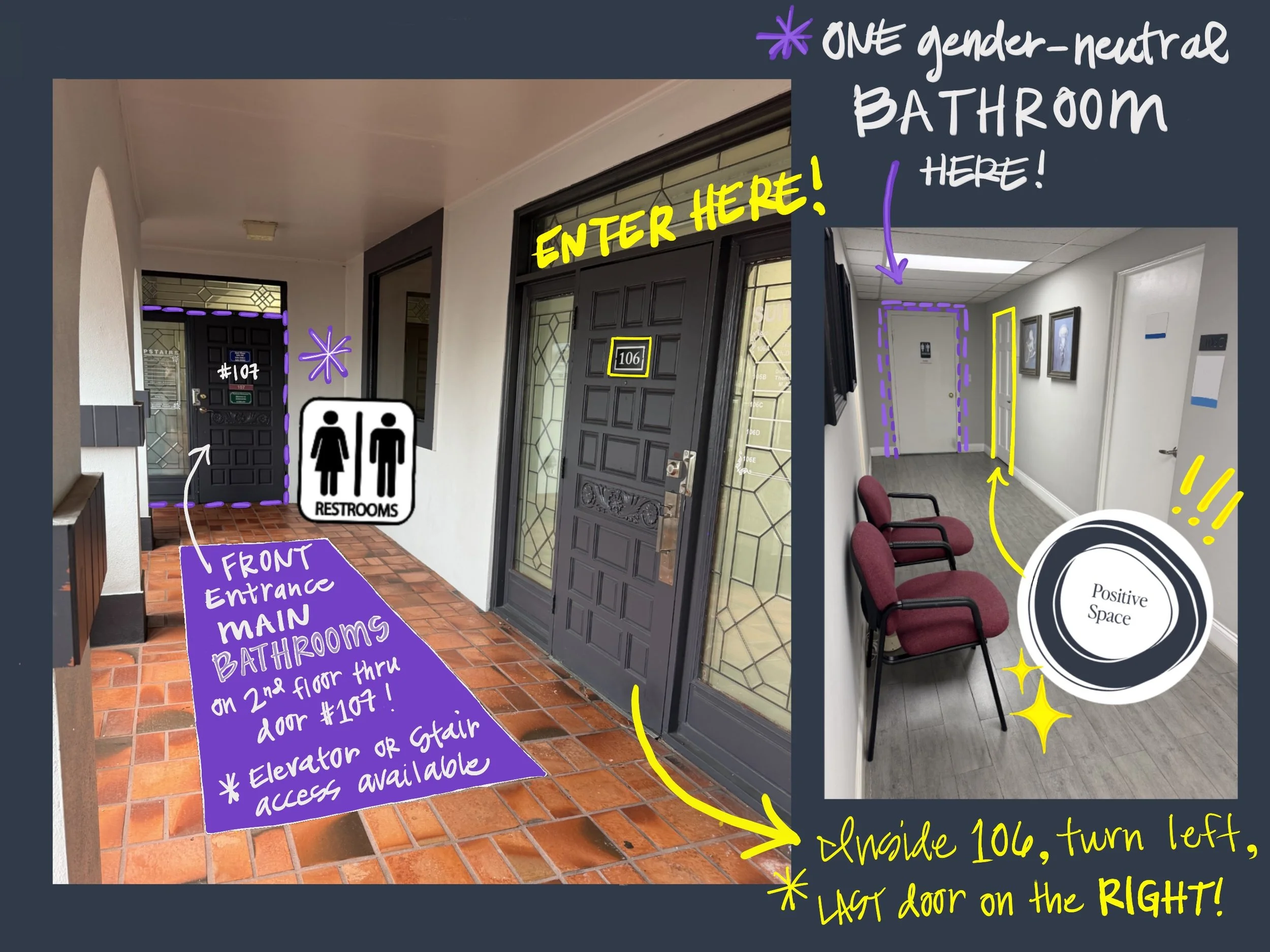 There is one single room, family-friendly bathroom directly next to my office. This bathroom is shared by all the guests in the 106 suite. 
The MAIN bathrooms are located on the Upstairs (2nd) Floor, accessible through door #107!