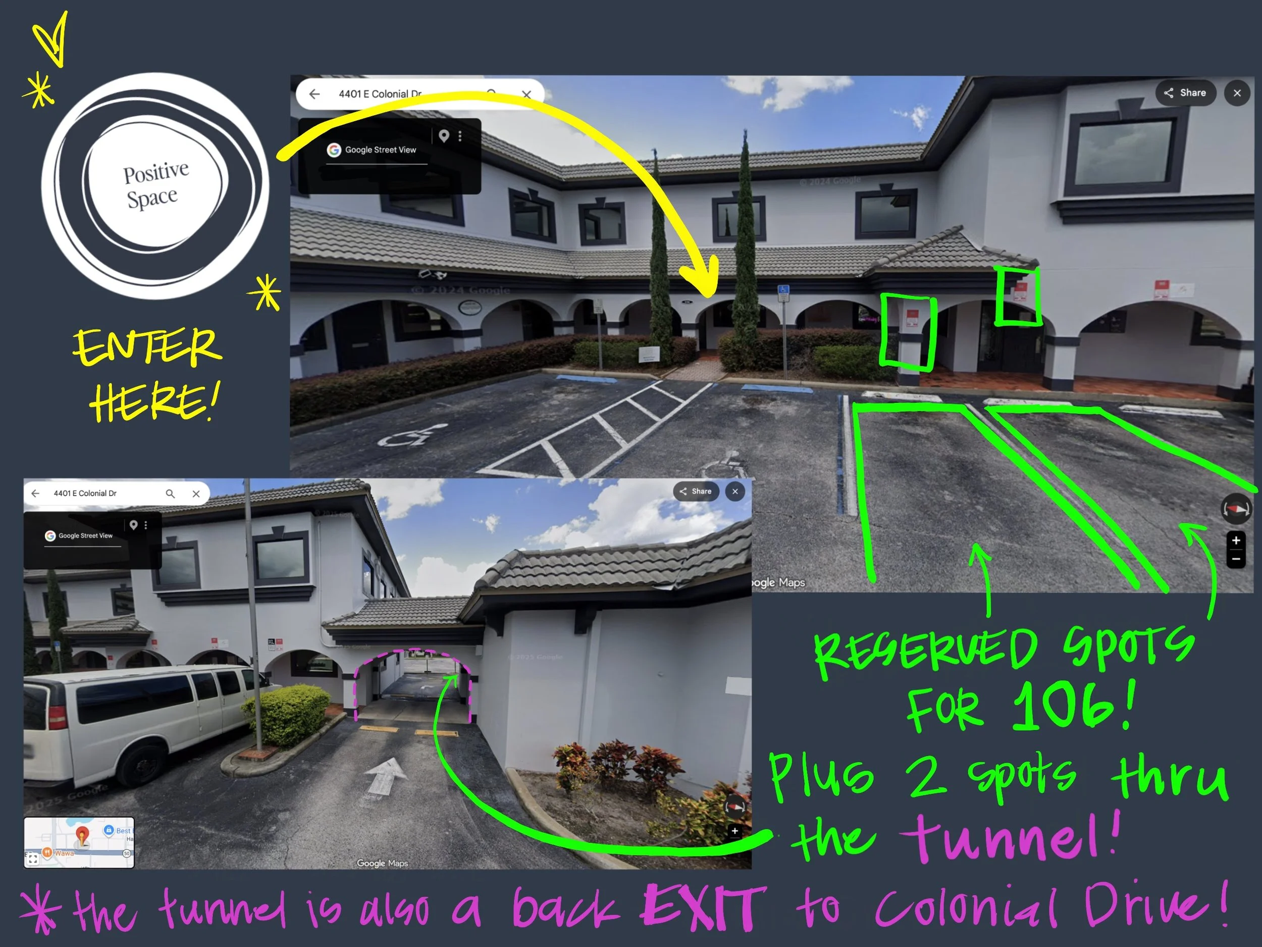 In the FRONT LOT there are four (4) total spots reserved for #106. Two (2) spots near the front entrance; Plus two (2) spots through the "tunnel". The tunnel is also an EXIT back to Colonial Dr.