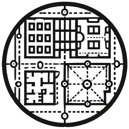 A black circular diagram with various interconnected geometric shapes and lines, resembling a circuit or schematic.