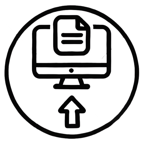 Icon of an upload arrow pointing towards a computer monitor with a document on the screen, inside a circular border.