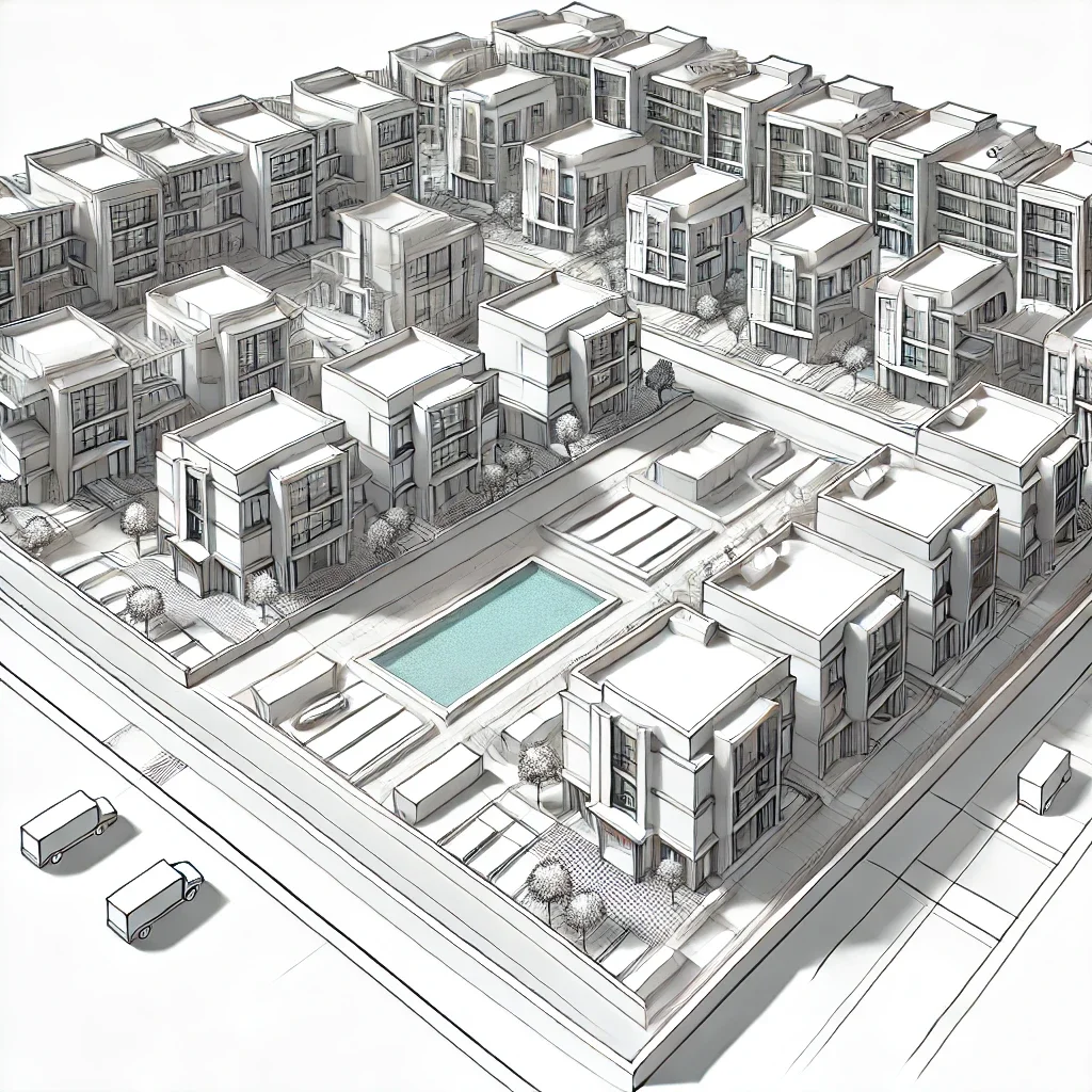 A detailed architectural drawing of a modern apartment complex with multiple buildings surrounding a swimming pool and landscaped areas.