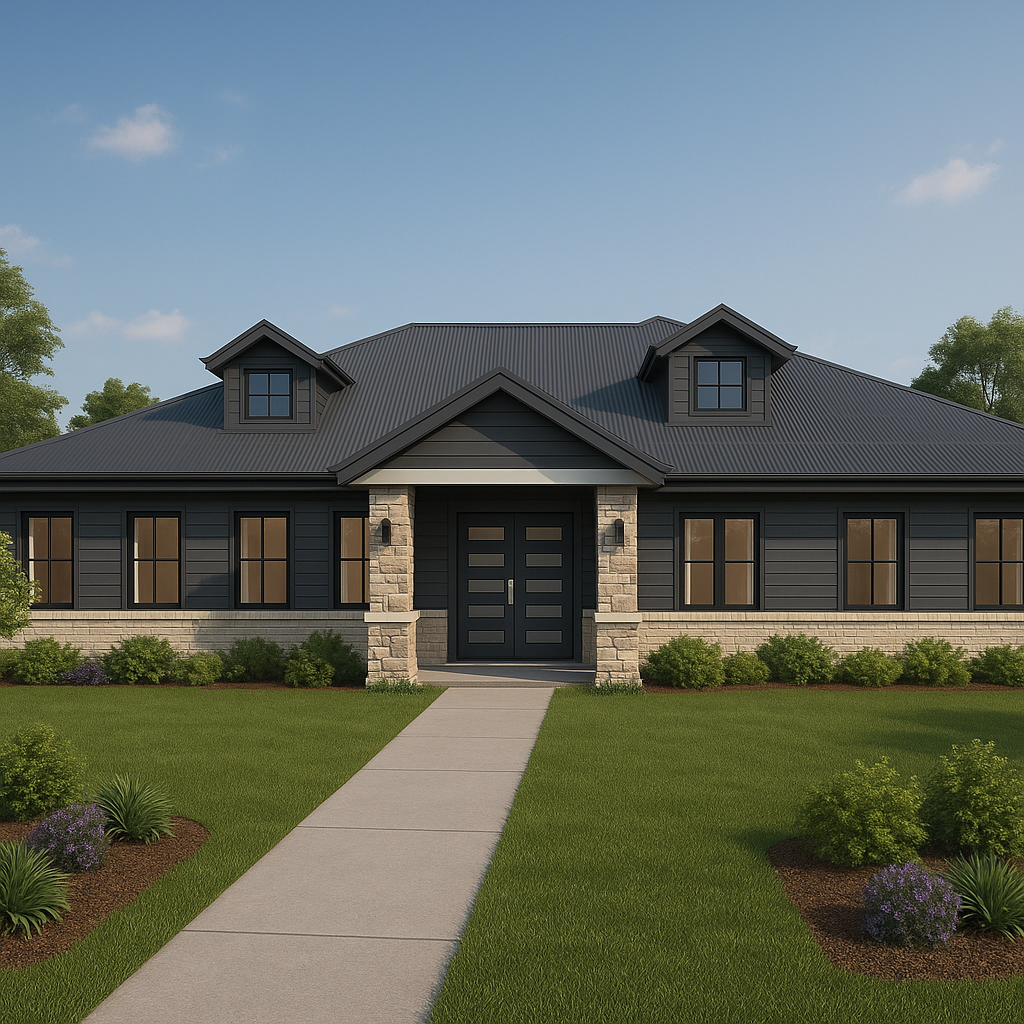 Front view of a modern house with black siding, stone accents, and a dark metal roof, surrounded by a well-manicured lawn and bushes.