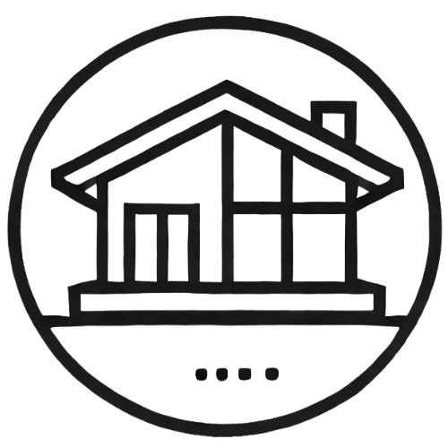 A black and white outline of a modern house with a sloped roof and large windows, enclosed in a circular border.