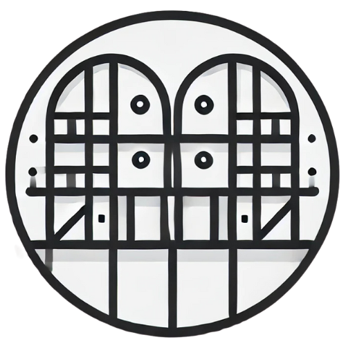 A stylized black and white illustration of a butterfly with symmetrical geometric patterns.