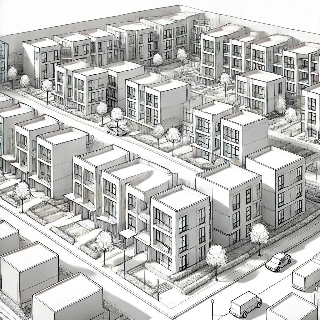 A digital sketch of a modern residential apartment complex with multiple four-story buildings, tree-lined streets, sidewalks, parked cars, and small landscaped yards.