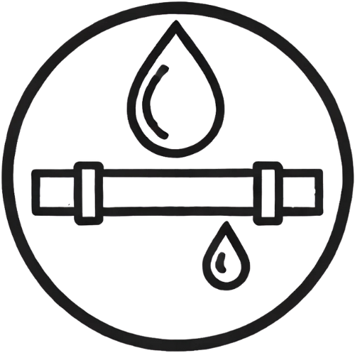 Icon of a pipeline with a drop of water above and a drop below, inside a circle.