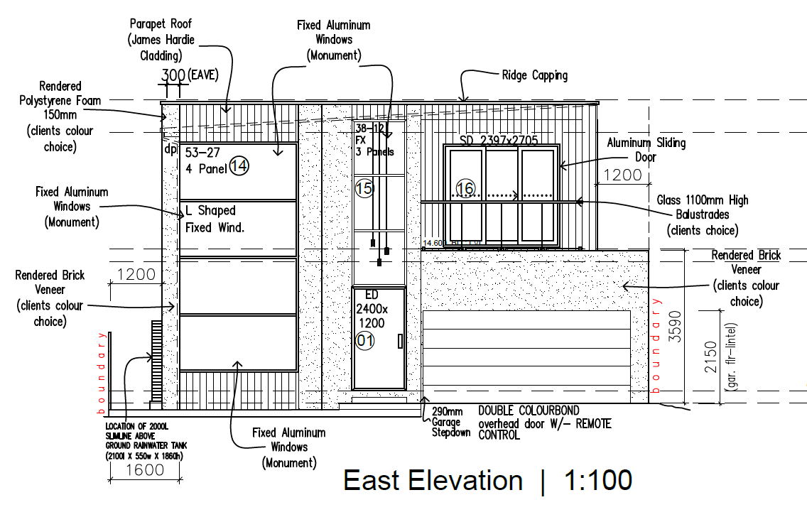 Architectural elevation drawing of a building's east side, showing windows, doors, brick veneer, roofing, and dimensions with annotations.
