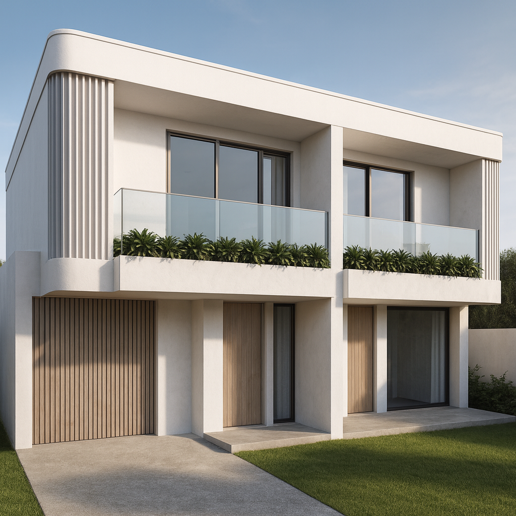 Modern two-story house with white exterior, large windows, and a small balcony with glass railing and greenery, set against a clear sky.