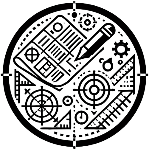 Diagram of various engineering and technical tools inside a circular frame, including a calculator, compass, gears, ruler, and protractor.