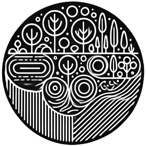 Illustration of a stylized forest with trees, circles, and abstract patterns in black and white.