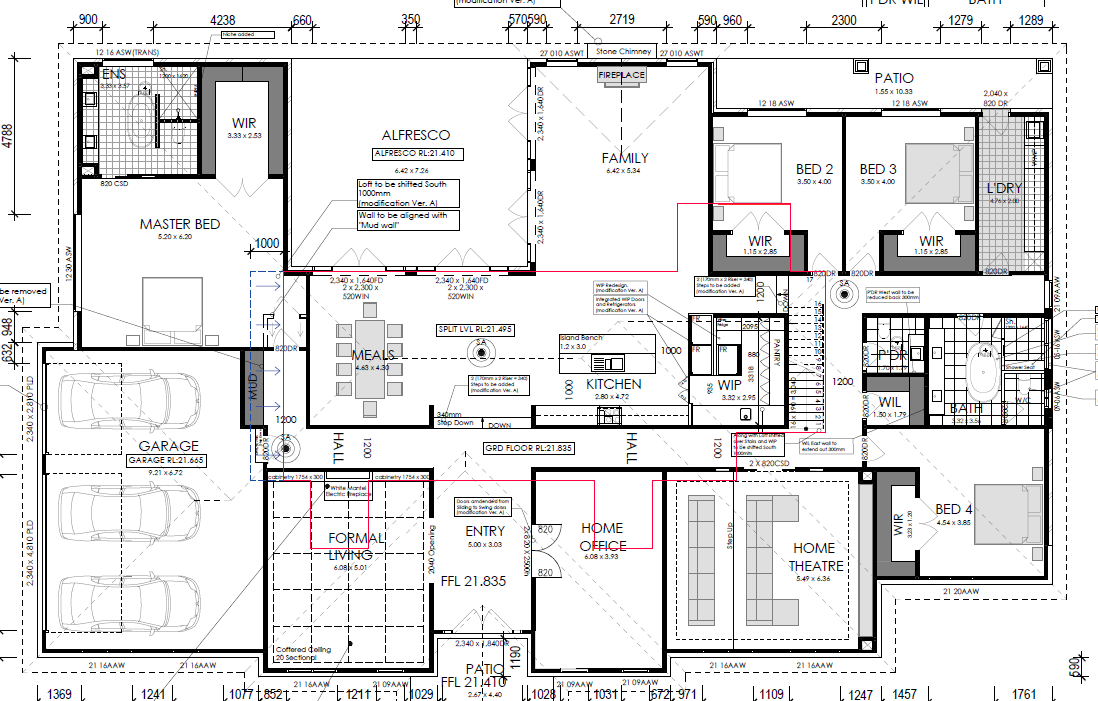 Floor plan of a house showing labeled rooms such as master bedroom, family room, kitchen, bedrooms 2, 3, and 4, bathrooms, laundry room, garage, alfresco area, home office, and home theatre, with detailed measurements and architectural details.