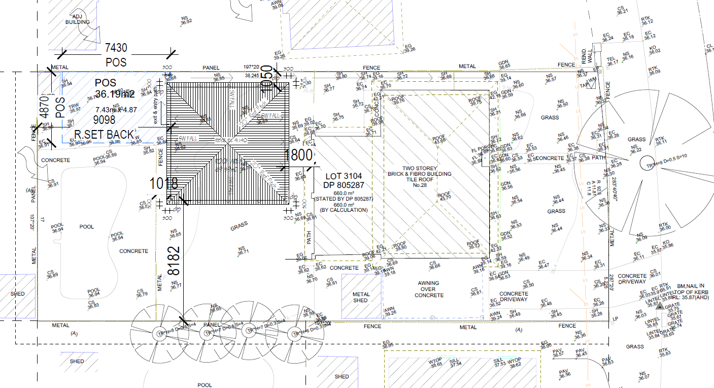 A detailed site plan or blueprint showing property boundaries, structures, fencing, vegetation, and various measurements and annotations for construction or landscaping.