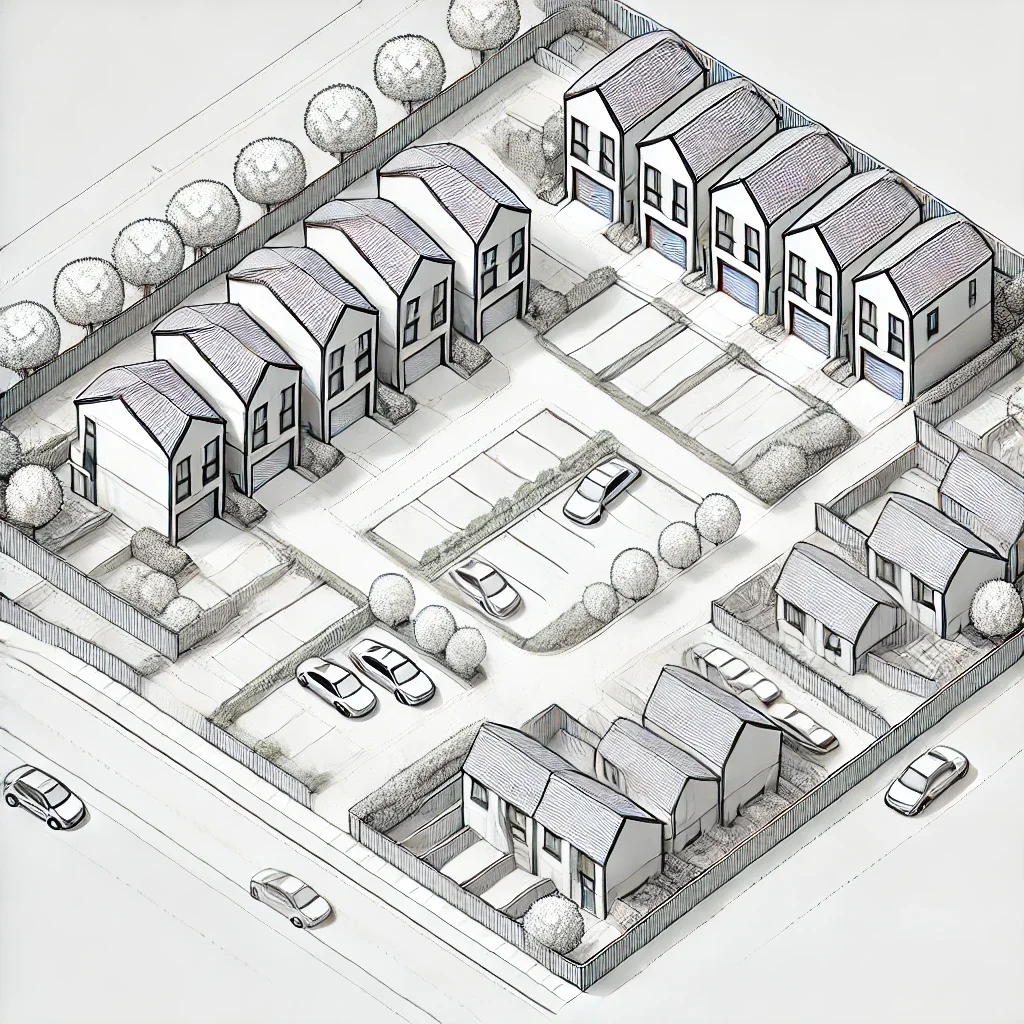 A grayscale, illustrative rendering of a residential neighborhood with multiple houses, parking spaces with cars, trees, and a fenced outdoor area.