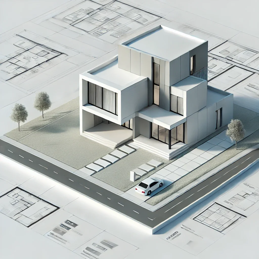 Architectural model of a modern house with multiple levels, large windows, a driveway, and surrounding landscaping, placed on top of architectural blueprints.