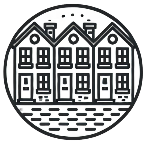 Black and white illustration of a row of historic townhouses with three chimneys and a cobblestone street in front.