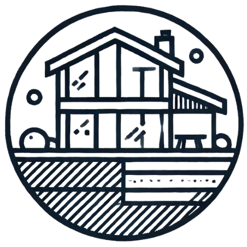 Outline illustration of a two-story house with a front porch, windows, and a chimney, encased in a circular border.