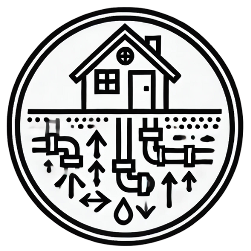 Simple black and white icon of a house above ground and underground piping, including arrows indicating water flow and drainage.