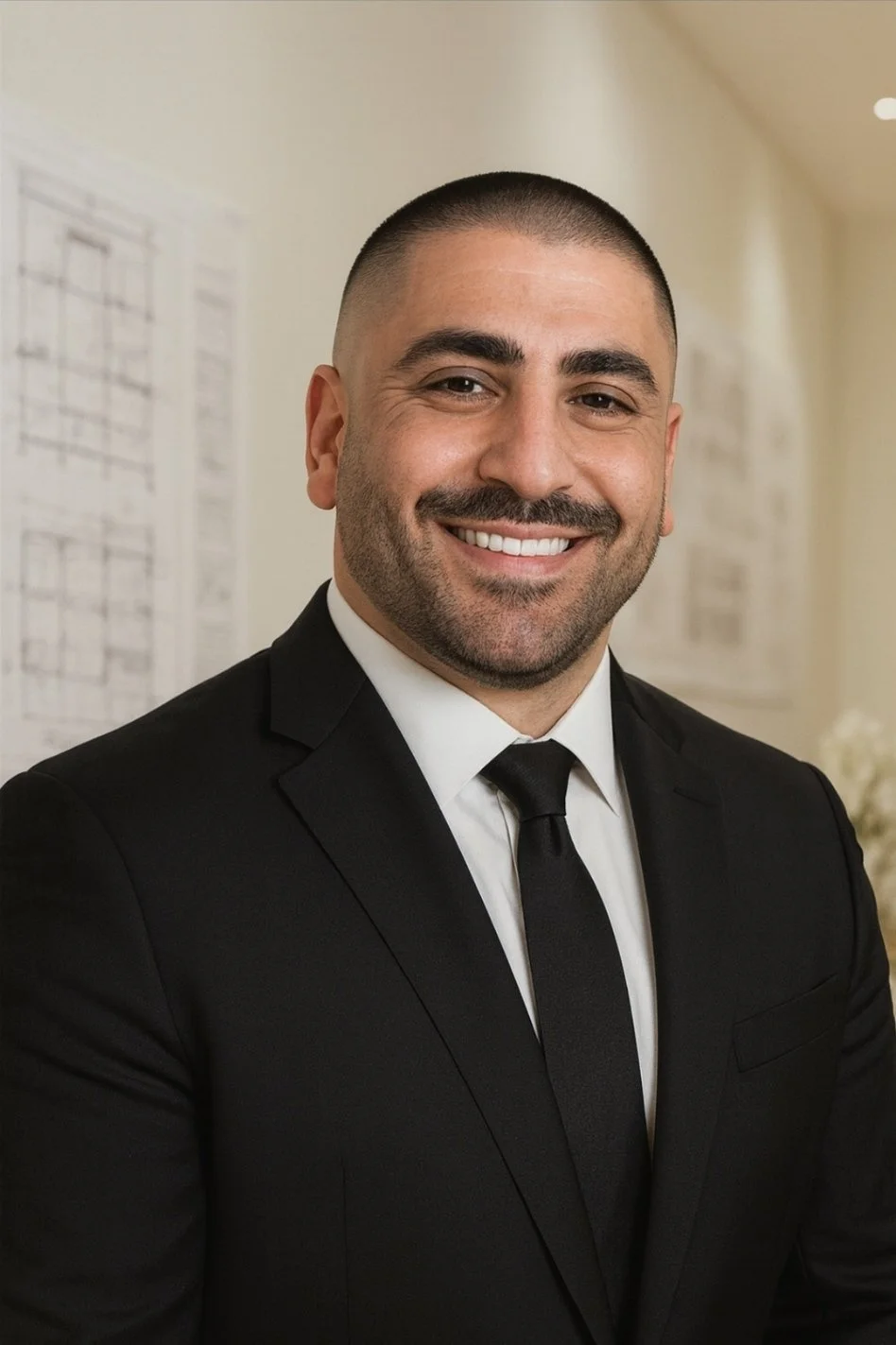 A man in a black suit, white shirt, and black tie smiling with a background of architectural plans on the wall.