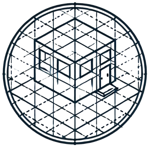 3D wireframe cube within a structured circular grid.