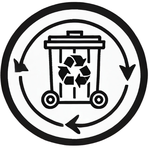 Recycling bin with recycling symbol, surrounded by a circular arrow indicating recycling process.