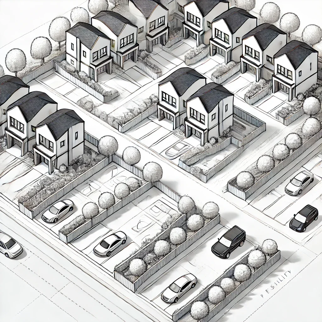 A detailed aerial illustration of a suburban neighborhood with several modern houses, driveways, and parking spots surrounded by trees and fences.