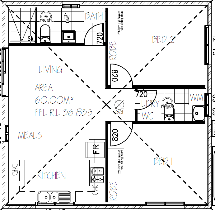 Floor plan of a residential unit showing rooms labeled Living Area, Kitchen, Meals, Bedroom 1, Bedroom 2, Bath, Laundry, and WC with wall measurements.