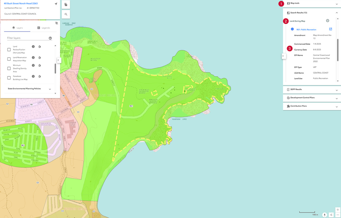 A detailed land zoning map of Bush Street Norah Head, showing different land use areas in various colors, with a shoreline to the north, and overlays indicating land recreation zones, land reservation, and environmental policies.