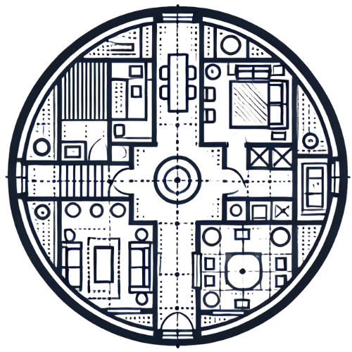 A top-down view of a round, detailed maze or circuit design with various geometric shapes and pathways.