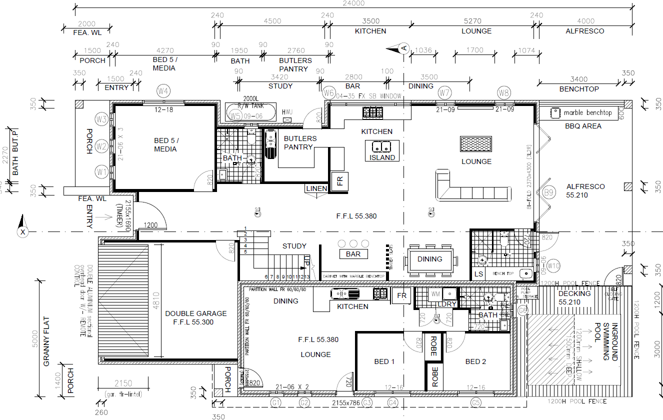 Architectural floor plan of a house with rooms labeled as Porch, Entry, Bedroom 5/Media, Bathroom, Study, Bar, Kitchen, Lounge, Dining, Alfresco, Benchtop, BBQ Area, Outdoor Pool, and other utility spaces, with dimensions and structural details.
