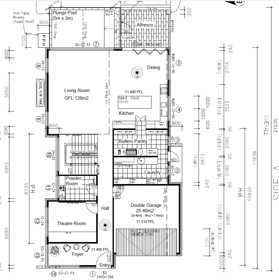 Floor plan of a house featuring a foyer, theatre room, powder room, hall, laundry, double garage, kitchen with butlers pantry, dining area, living room, plunge pool, alfresco area, and staircase.