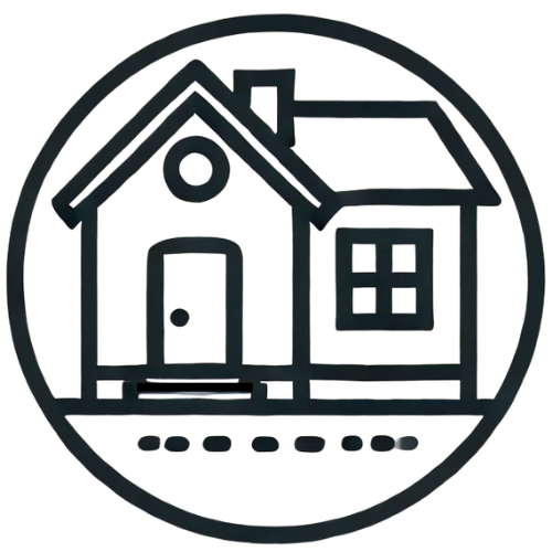 Line drawing of a house with a porch, a small window, and a gabled roof, enclosed in a circular border.