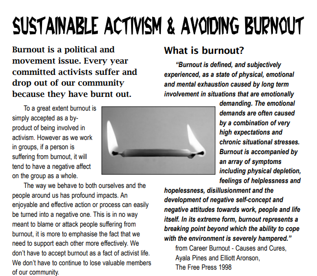 A flyer titled 'Sustainable Activism & Avoiding Burnout' discusses burnout, its definition, causes, and impacts. Contains a black and white image of a candle with a tall, pointed flame.