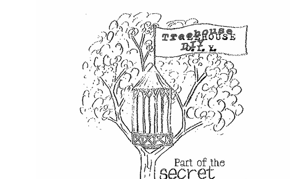 A tree with a birdhouse hanging from one of its branches and a flag that says "Treehouse DIY" above the birdhouse.