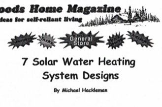 Title page from 'Wood's Home Magazine' discussing 7 solar water heating system designs by Michael Hackelman.