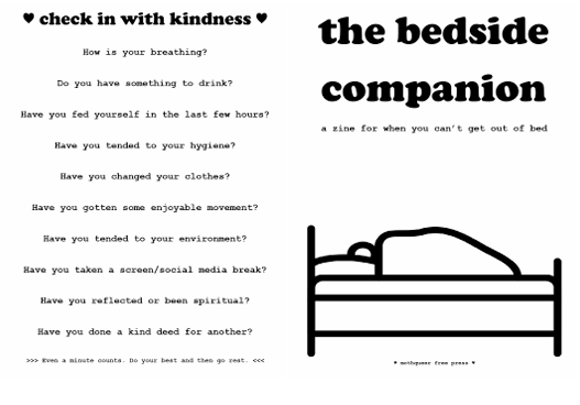 A page titled 'the bedside companion' features a list of questions related to self-care, such as breathing, hydration, hygiene, and reflection. There is an illustration of a bed with a pillow on the right side of the page.
