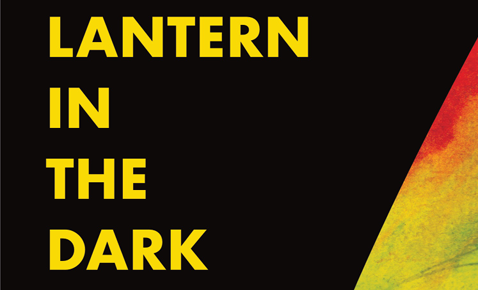 Text reading "LANTERN IN THE DARK" in bold yellow capital letters on a black background with a red and yellow gradient triangle on the right side.