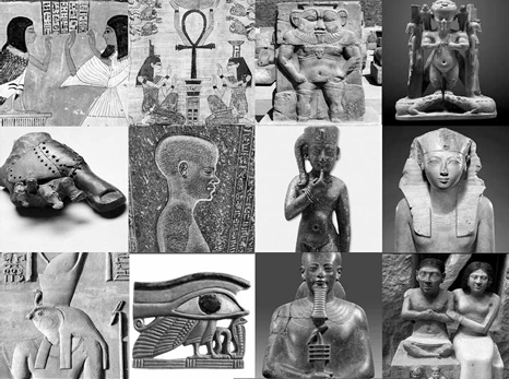 A collage of black-and-white images featuring ancient Egyptian artifacts, sculptures, and hieroglyphs.