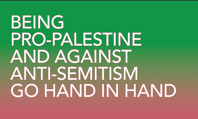 Green and pink gradient background with white text that reads "Being pro-Palestine and against anti-Semitism go hand in hand."