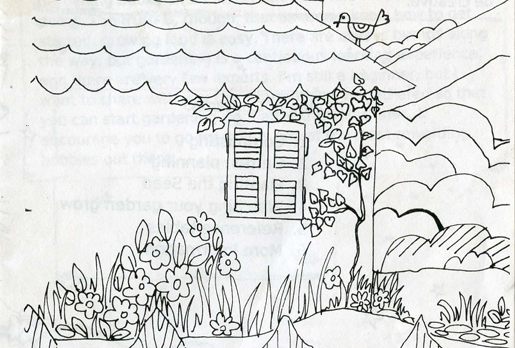 Line drawing of a house with a window, surrounded by flowers, grass, and a bird on the roof.