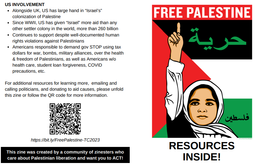 A political zine titled 'Free Palestine' features a graphic of a woman wearing a white headscarf, raising her right hand with her index finger pointing upward. The background of the cover is red, black, green, and white, with a green Arabic word 'حرية' (freedom) and the word 'فلسطين' (Palestine). The bottom notes 'Resources Inside!' and mentions the zine was created by a community of zinesters advocating for Palestinian liberation.