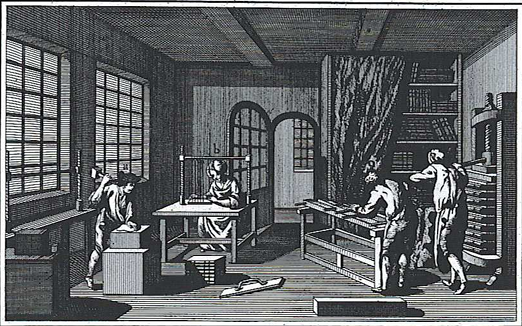 Historical black and white illustration of a print shop with workers operating printing presses and inspecting printed pages.