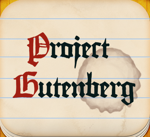 A notebook page with the handwritten words 'Project Gutenberg' in black and red Gothic-style font, and a torn hole in the paper revealing a red and beige background.