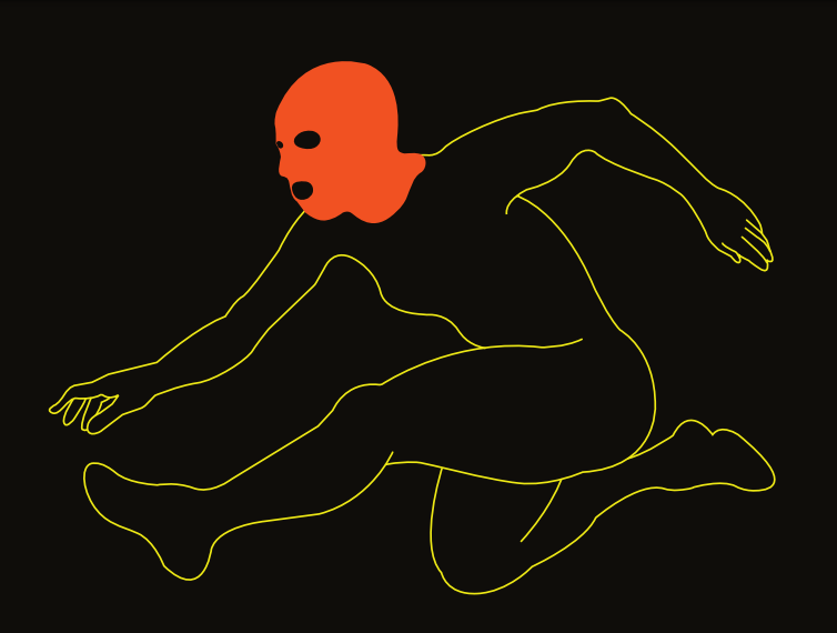 Line drawing of a person with a red mask-like face, crouching on the ground against a black background.