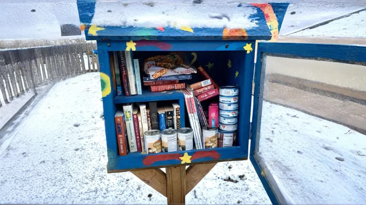 Community bookshelf filled with books and canned food, painted blue with yellow stars, outdoors on a snowy day.