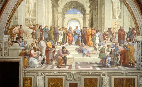 A classical painting of philosophy in an ancient Roman or Greek setting, depicting numerous historical figures engaged in discussion and learning in a grand, ornate hall with marble columns and a domed ceiling.
