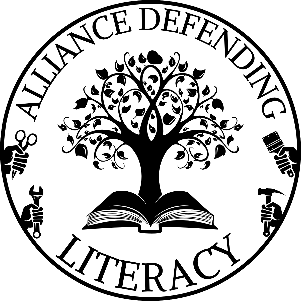 Logo of the Alliance Defending Literacy. A book with a tree growing from the center of it. Raised fists come out of sides of the logo that are holding various tools. Including scissors, a wrench, a hammer and a paintbrush.