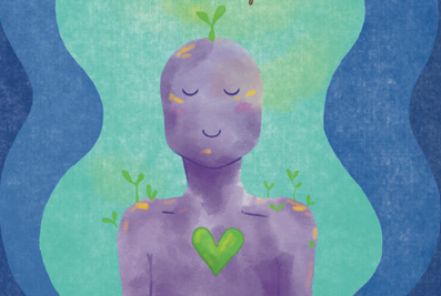 A purple humanoid figure with closed eyes and small sprouting plants on its shoulders, a green heart on its chest, and a green sprout on top of its head, surrounded by blue and green abstract background.